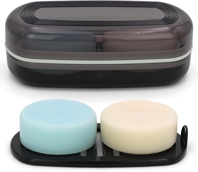 Shampoo Bar Holder Travel Case for Two Bars – Compatible with Kitsch Solid Shampoo & Conditioner Bars, Large Soap Container for Bathroom or Travel (1 Pack, Black Style A-Large)