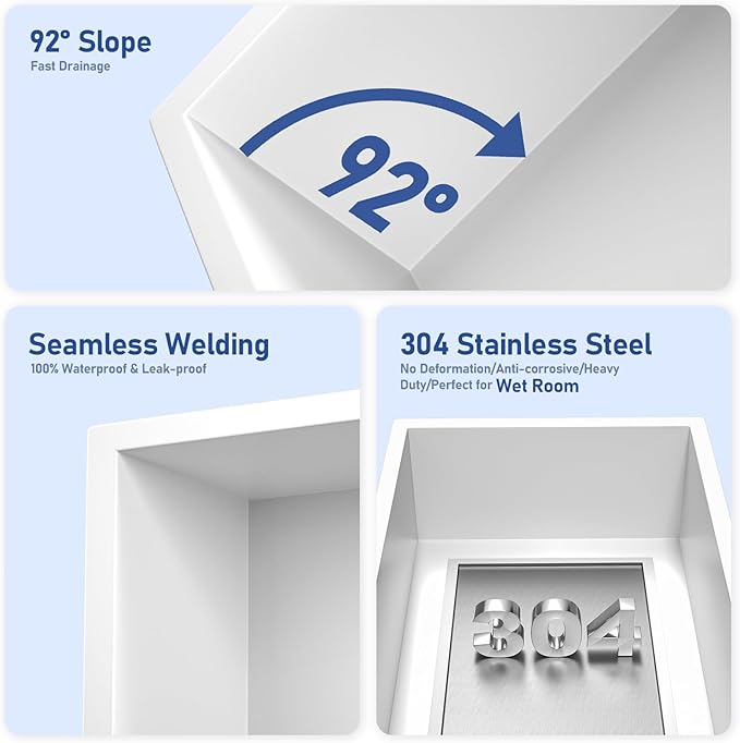 Stainless Steel Shower Niche 12" X 12" White No Tile Needed Niche Shower Recessed Wall Niches for Bathroom Storage Over Mount Installation