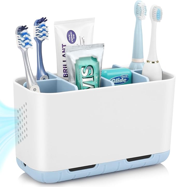 Boperzi Electric Toothbrush Holder for Bathroom Organizer Countertop, Detachable Anti-Slip Blue Toothpaste Storage Caddy 6 Slots White with Drainage Holes for Makeup Brush Razor Stand