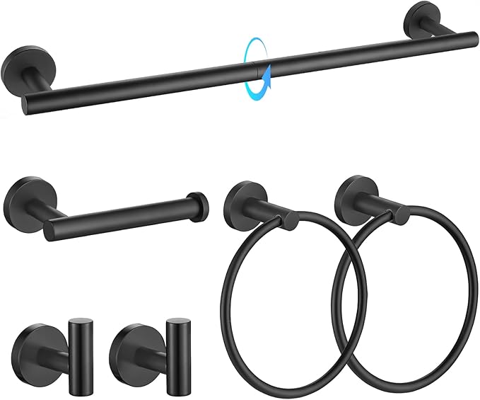 TQKAG Matte Black Bathroom Hardware Set 6-Piece Bathroom Accessory Set 23.6 Inch Round Stainless Steel Towel Bar Set Wall Mounted