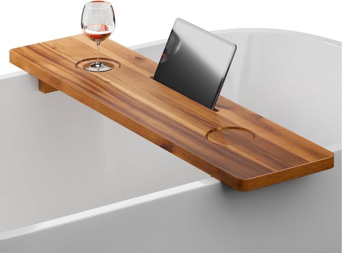 Tinamo Acacia Bathtub Caddy Tray Table | 35x9 Inch Large Bath Tub Tray Wooden | Anti-Tipping, Sustainable Tub Tray for Bathtub | Bathtub Accessories Holders for Bathtub (Acacia, 35x9)