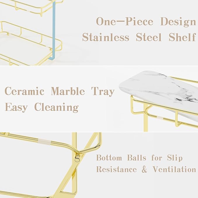 Bathroom Organizer Countertop Perfume Organizer Makeup Organizer Cosmetics Storage Display Rack Vanity Tray Dresser Stainless Steel Gold Shelf White Marble Ceramic Tray