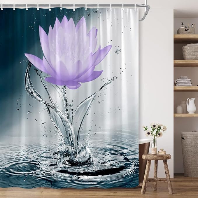 Lotus Shower Curtain Black White Blue Violet Flower Elegant Blooming Floral with Dew Spring Flower Reflection on Water Modern Romantic Polyester Fabric Bathroom Decor 86×70 Inch with Hook