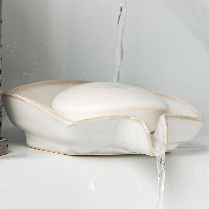Soap Dishes, Ceramic Shower Soap Dish with Waterfall Design Bar Soap Holder Self Draining Soap Saver for Shower, Bathroom, Sink, Kitchen and Countertop, Beige White