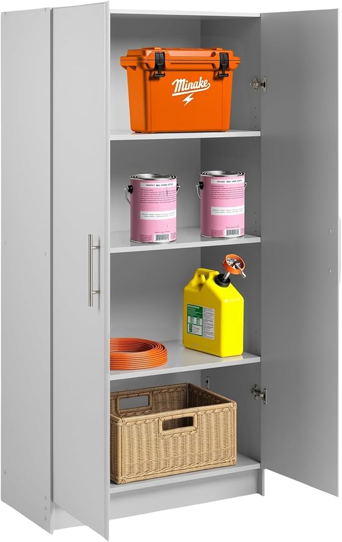 Prepac Elite Tall Garage Storage Cabinet & Pantry Storage Cupboard, 2-Door Freestanding Bathroom or Pantry Cabinet with Adjustable Shelves, 16" D x 32" W x 65" H, Light Gray