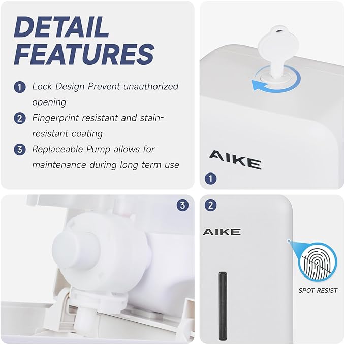 AIKE Wall Mount Liquid Soap Dispenser for Commercial Bathroom 27oz Large Capacity Manual Push Pump Original White