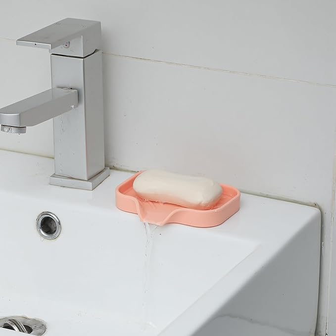 Silicone Bathroom Soap Dishes with Drain Spout-Bathroom and Kitchen Sink Organizer,Sponge Holder,Dish Soap Tray,Perfect for Dispenser,Scrubber,Bottle,Cup on Sink or Counter-Pink 4.9"×3.2"