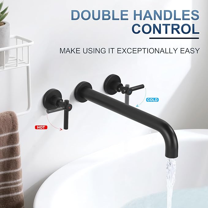 Wall Mount Tub Filler Tub Faucet High Flow Bathtub Faucets Two Handles Solid Brass, 12" Long Spout Reach, Matte Black