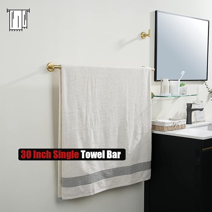 JQK Gold Towel Bar, 33 Inch 304 Stainless Steel Thicken 0.8mm Towel Rack Bathroom, Towel Holder Brushed Golden Wall Mount, Useable Length 30 Inch, TB110L30-BG