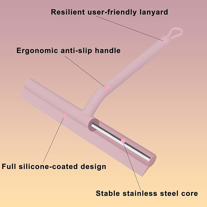 Squeegee for Shower Glass Doors, Resilient Loop - No-Drill & Adhesive Hook, Silicone Shower Squeegee with Stainless Steel Core, Cleaning Tool for Home, Kitchen, Bathroom & Car - Pink