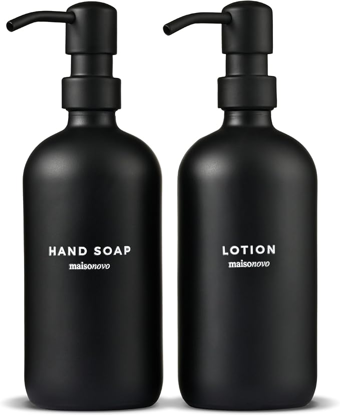 MaisoNovo Soap Dispenser 2-Piece Set | 16.9oz Black Bottles with Black Stainless Steel Pumps
