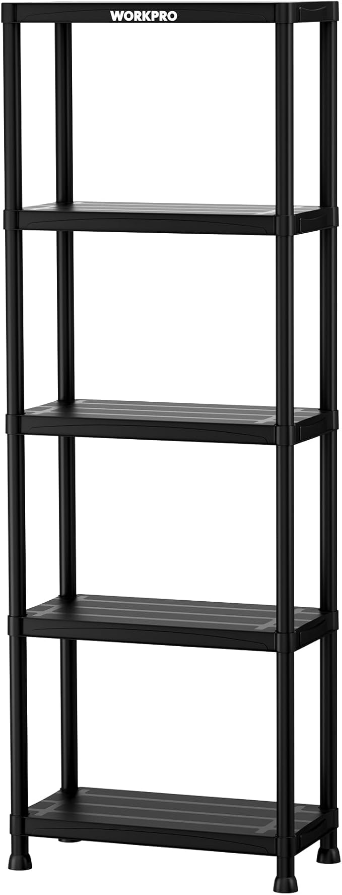 WORKPRO 5-Tier Plastic Storage Shelves, 500lb Capacity Shelving Unit, 67.1" H x 23.9" W x 12" D, Storage Rack for Garage, Home, Pantry, Office, Laundry, Tool-Free Assembly, Black