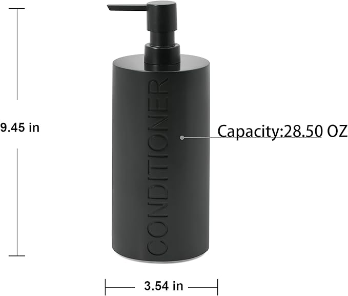 Matte Black Conditioner Dispenser Luxurious Refillable Pump Bottle with Black Resin Pump and Embossed Text, Durable Design for Bathroom and Shower