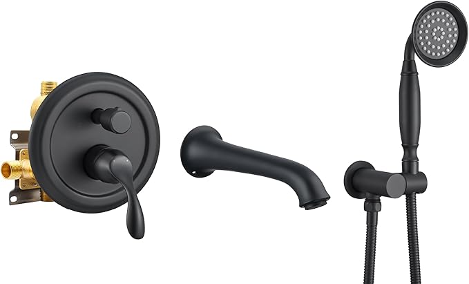 DASAN Antique Wall Mount Tub Filler Faucet with Hand Held Shower, Matte Black Bathtub Faucet with Sprayer Wall Mounted Roman Bath Tub Faucet Set with High Flow Rough in Valve, AT201TF-MB