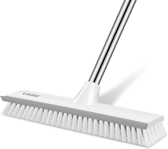 SetSail Upgraded Large 12 in Wide Floor Scrub Brush with 51-Inch Long Adjustable Handle 2 in 1 Scrape Brush Stiff Bristle Floor Scrubber for Cleaning Shower Bathroom Garage Kitchen Wall Deck Tub Tile