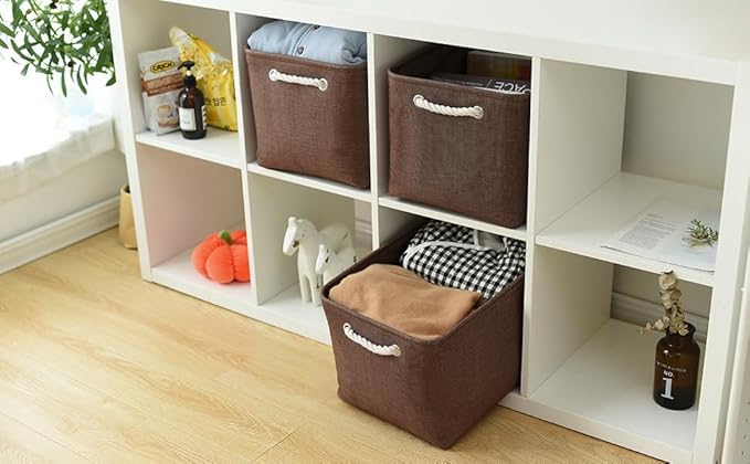 TheWarmHome Organization and Storage Basket for Shelves - 3 Pack 16x12x12 inch Fabric Storage Cubes, Cube Storage Bin for Organizing Closet Cloth Organizer Gift Toy (White & Brown)