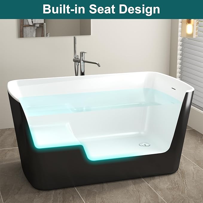 49" Glossy White Acrylic Freestanding Soaking Tub w/Seat- Contemporary Design with Toe-Tap Drain & Brushed Nickel Overflow - 55 Gal, cUPC Certified