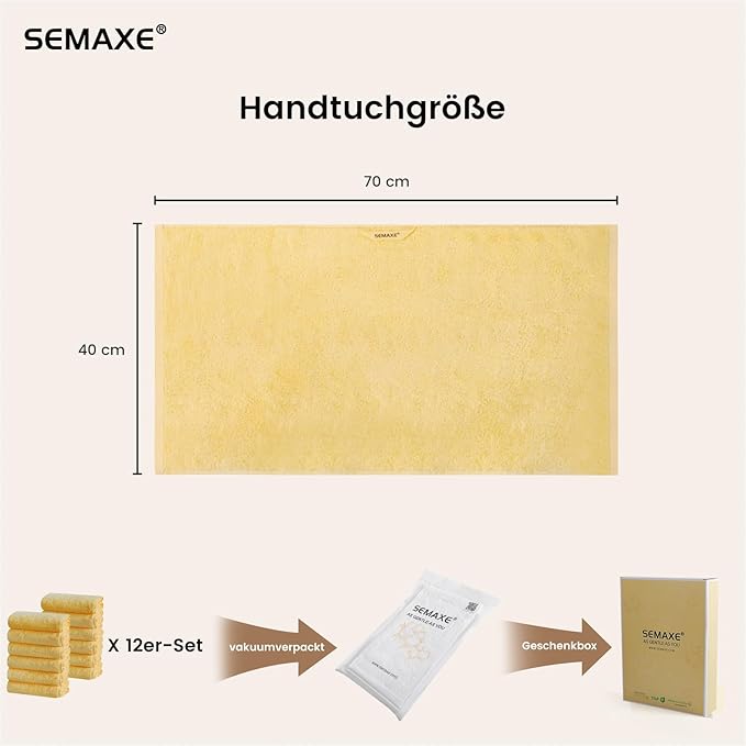 SEMAXE 12 Pack Hand Towels for Bathroom, 100% Cotton Towels with Hanging Loops, Soft and Highly Absorbent, Hand Towel Set for Gym, Shower, Hotel, Spa and Kitchen, Yellow