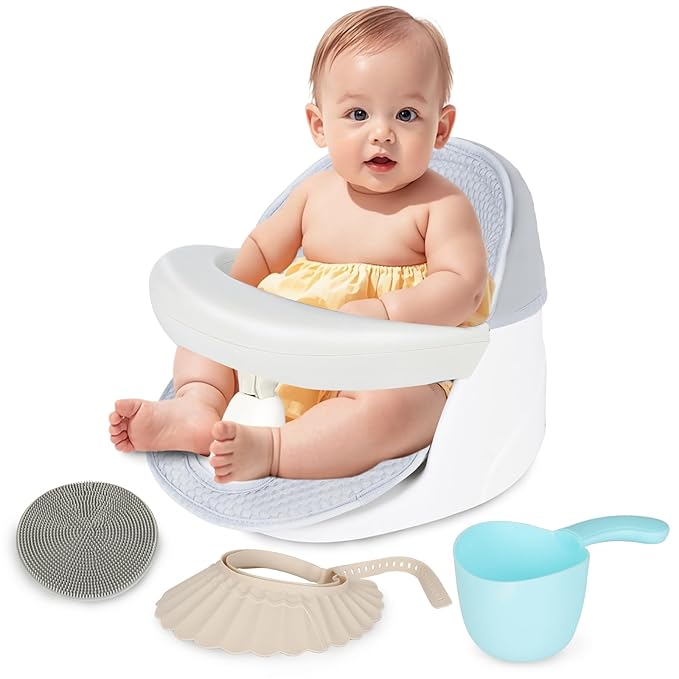 Swivel Baby Bath Seat, Openable Armrest and 360° Rotatable Baby Bath Seat for Babies 6 Months & up, Baby Bath Mat/Rinse Cup/Brush/Baby Shower Cap Included, White