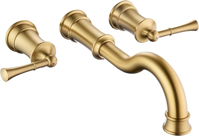 Roman Bathtub Faucet Wall Mount Widespread Tub Filler with Rough-in Valve 3 Holes 2 Lever Handle Elegant Classic Spout for Bathroom, Brushed Gold