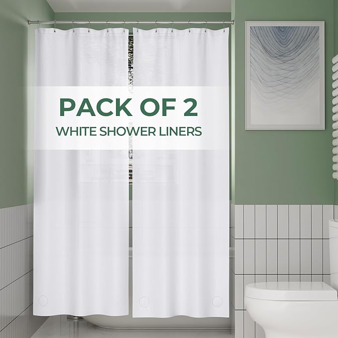 AmazerBath Stall Shower Curtain Liner 2 Pack, 36 x 72 Inches PEVA Plastic Shower Liner with 2 Weighted Stones and 6 Rustproof Metal Grommet, Lightweight Waterproof Shower Curtain - White