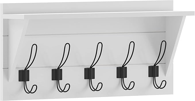 HBCY Creations 24" Wall Mounted Storage Rack - Pine Wood Construction - Solid White Finish - Upper Storage Shelf - 5 Hooks - Ideal for Entryway, Kitchen, Bathroom