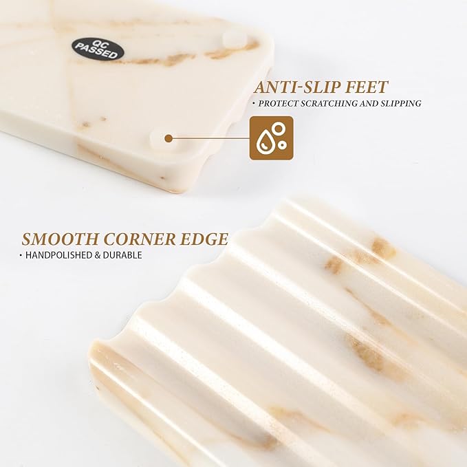 Koville Natural Marble Soap Dish for Bathroom Shower, White Gold Marble Soap Tray for Bathroom, Stone Soap Tray for Sink, Stripe Grooves Soap Saver Keep Soap Bars Dry Easy Clean