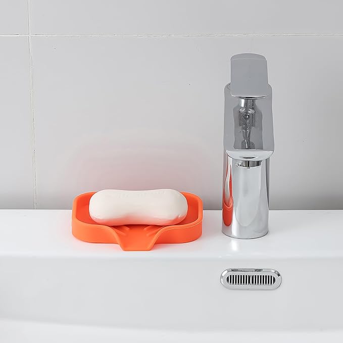 Silicone Bathroom Soap Dishes with Drain Spout-Bathroom and Kitchen Sink Organizer,Sponge Holder,Dish Soap Tray,Perfect for Dispenser,Scrubber,Bottle,Cup on Sink or Counter-Orange 4.9"×3.2"