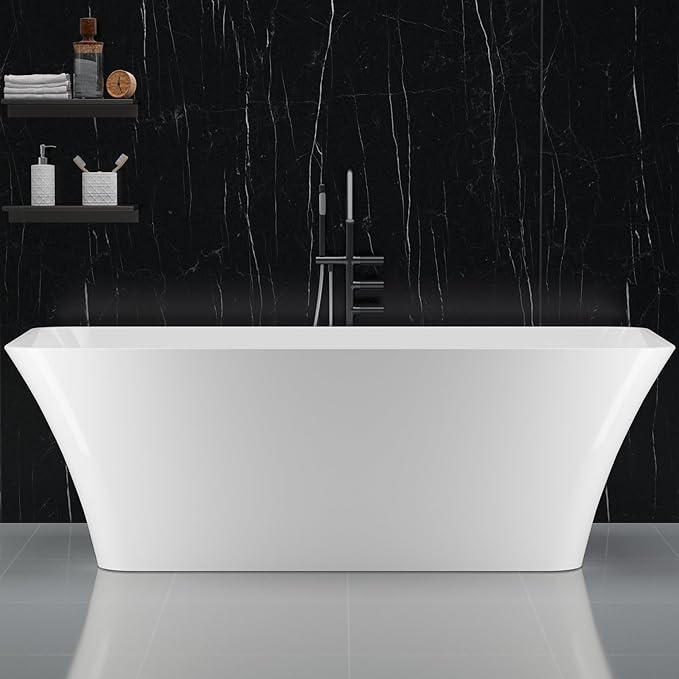 59" Acrylic Freestanding Bathtub - Glossy White Rectangle Soaking Tub with Chrome Overflow & Drain Kit, CUPC Certified