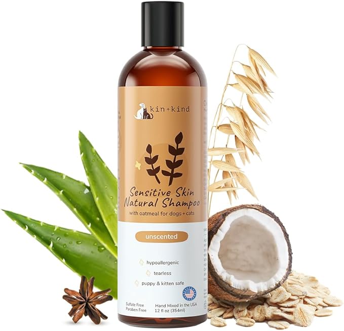 kin+kind Oatmeal Shampoo for Dogs & Cats – Natural Anti Itch Pet Shampoo for Sensitive Skin with Colloidal Oatmeal, Coconut Oil & Olive Oil – Moisturizing Oatmeal Bath for Dry, Itchy Skin – 12 fl oz