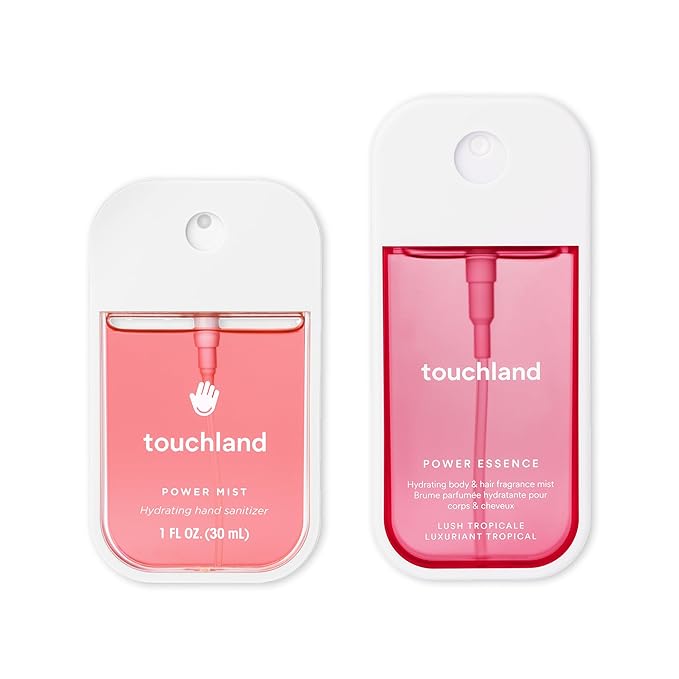 Touchland JUICY ESCAPE Body and Hand Mist Essentials (Lush Tropicale Body & Hair Fragrance Mist, 2 FL. OZ. + Wild Watermelon Hydrating Hand Sanitizer Spray 1FL.OZ.), Travel Size Set