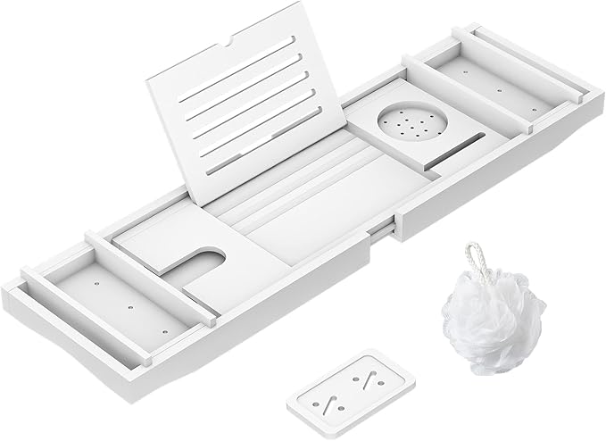 Zhuoyue Bamboo Bathtub Tray, Expandable Premium Bath Tray for Luxury Bathroom, Adjustable Bath Accessories for Tub with Soap Towel Book Holder, Extendable 29.5-43.3" White