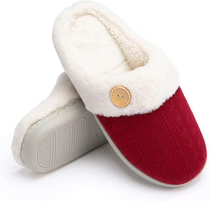Chantomoo Womens Slipper Warm Comfy Memory Foam House Slippers Knitted Shoes Faux Fur Lined Anti-Skid Rubber Sole Bedroom Cozy Indoor Outdoor Slippers