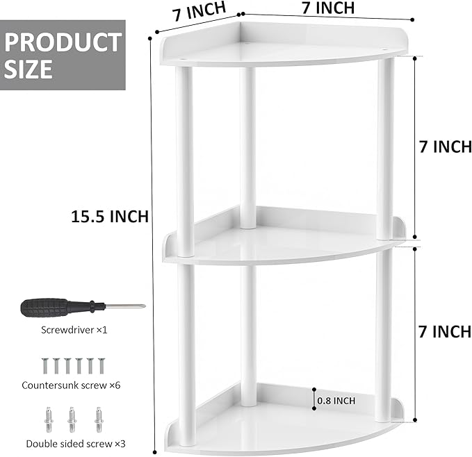 3 Tier Countertop Corner Organizer Shelf 7x7x15.7 Inch, White Countertop Acrylic Bathroom Corner Shelf, Vanity Storage Organizer for Cosmetics, Toiletries