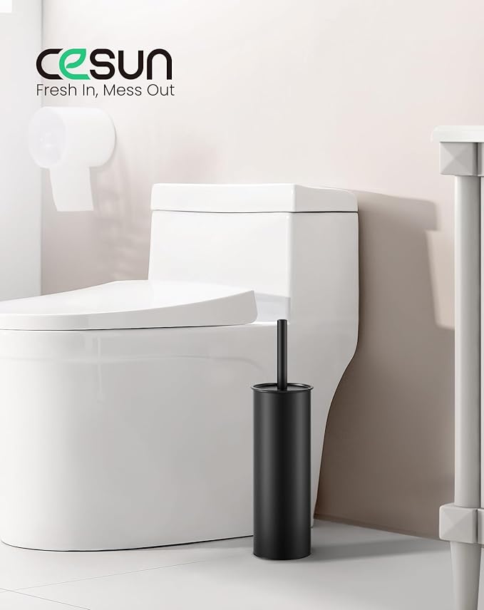 Cesun Toilet Brush and Holder Set - Curved Design Toilet Brush for Deep Cleaning Under Rim, 304 Stainless Steel Toilet Bowl Brush and Holder for Bathroom, Rv, Black(2 Replaceable Brush Head Included)