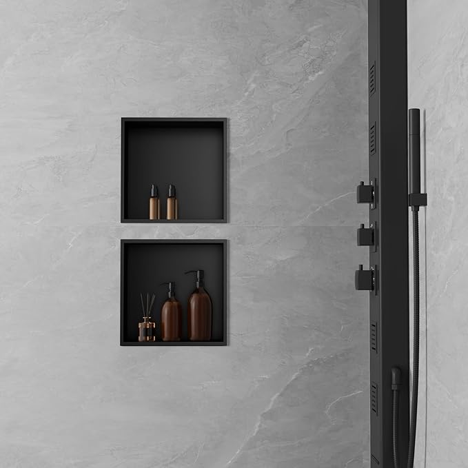 Achelous Stainless Steel Insert Shower Niche 12" X 12", No Tile Needed, Recessed Shower Shelf Organizer, Matte Black