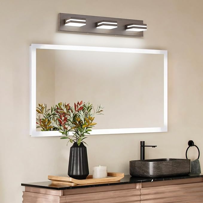 SineRise LED Modern Bathroom Vanity Light Fixtures (3-Light, 24-Inch, Dimmable), Brown Wood Painted Modern Acrylic Bathroom Wall Lighting Fixtures Over Mirror (Cool White 6000K)