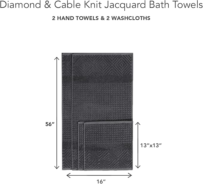 Texere 100% Organic Cotton Diamond Jacquard 700 GSM Luxury Bath Towel Sets - Ultra Soft and Absorbent Hotel and Spa Quality (Diamond, Charcoal, 2 Hand & 2 Face Towels)