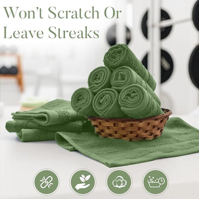 DAN RIVER 12-Pack Premium 100% Cotton SAGE Green Face Towels – Reusable Face Towel Set, Soft & Absorbent Body wash Cloths – Hand and Face Towels, 550 GSM (12x12 in)