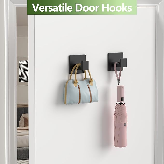 Adhesive Shower Hooks, Towel Hooks for Hanging Robe, Coat, Hat, Loofah, Heavy Duty Wall Hooks Stick on Bathroom, Kitchen and Office (2 Pack, Black)