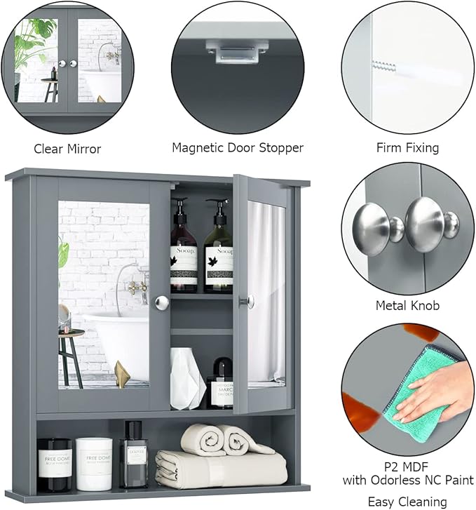Tangkula Bathroom Medicine Cabinet with Mirror, Wall Mounted Wooden Hanging Organizer with Doors and Shelves, Bathroom Wall Mirror Cabinet (Mirror Doors, Gray)