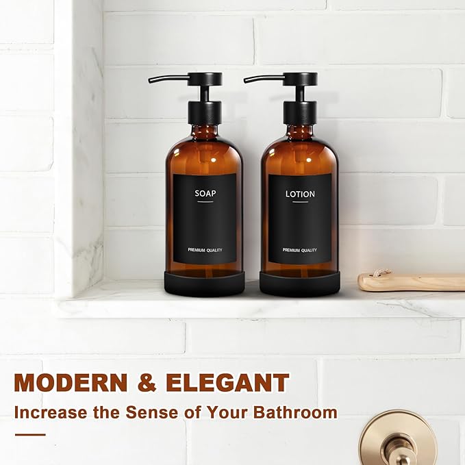 Amber Glass Soap Dispenser 2 Pack, Hand Soap Dispenser Bathroom with Stainless Steel Pump, 16.9 Fl oz Hand and Dish Soap Dispensers Set Kitchen, Modern Brown Soap Lotion Dispensers Bottle