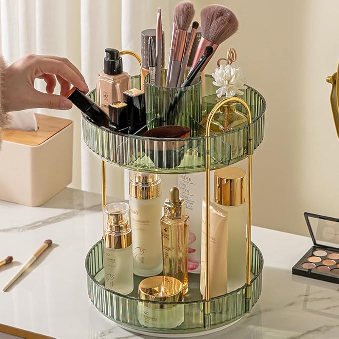 Aveniee Rotating Makeup Organizer for Vanity, Upagraded Perfume Skincare Bathroom Counter Organizers with Brush Divider, 2 Tier Spinning Lipstick Cosmetic Lotion Storage,Green