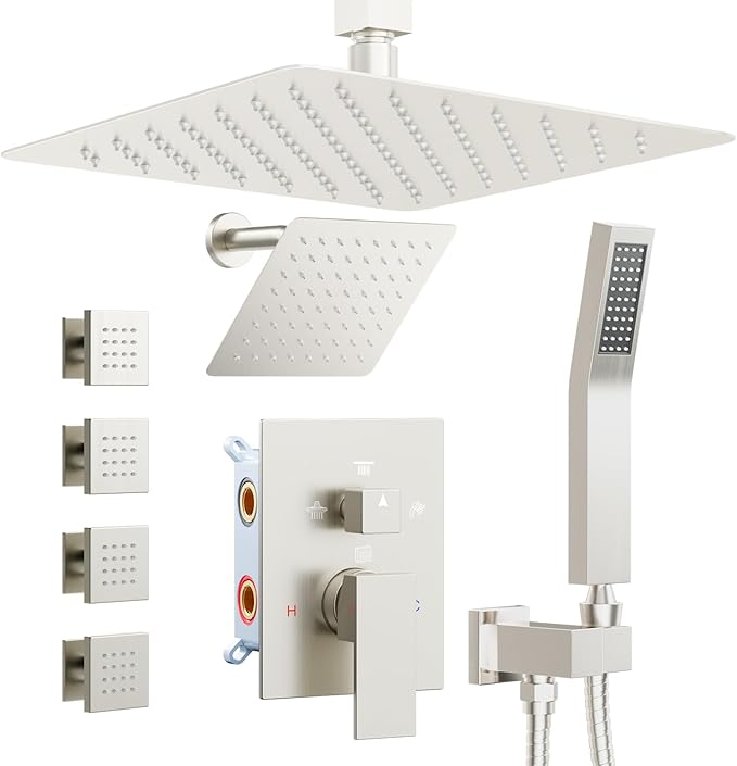 Shower Systems with 4 Body Spray Jets, STARBATH 4 Way 12+6" Rainfall Shower Head with Handheld Combo, Ceiling Mounted Shower Jets System in Wall Shower Faucet Sets Complete, Brushed Nickel