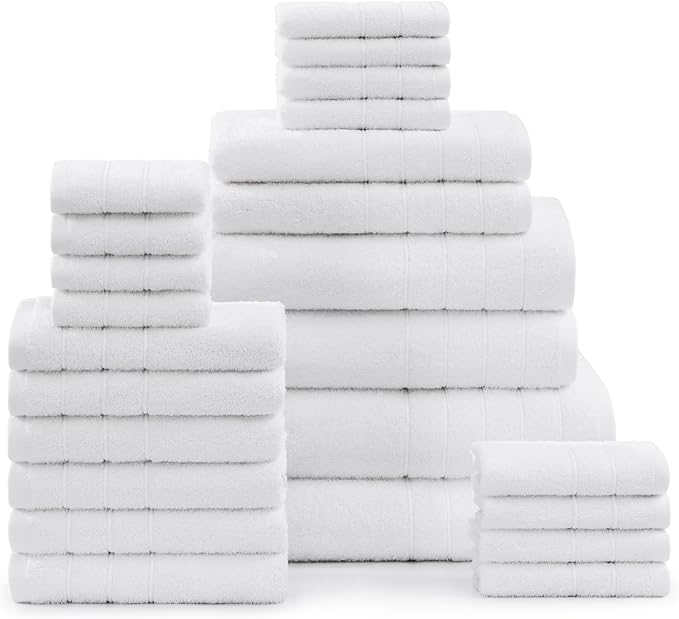 Casa Platino 24 Piece Cotton Towel Set – Ring Spun, Soft & Absorbent Towels, Full Bathroom Set with Bath Sheets, Hand Towels, Gym Towels & Washcloths, Machine Wash Safe – White