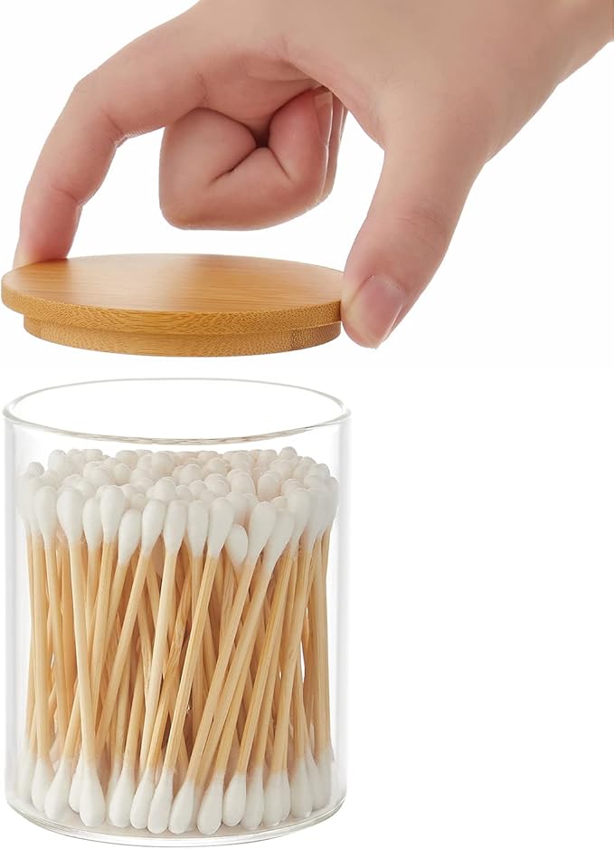 4 Pack Glass Qtip Holder Dispenser Glass Apothecary Jars with Lids Cotton Ball Swab Pad Holder Bathroom Essential Canisters Accessories Jars for Bathroom Organization Vanity Organizers