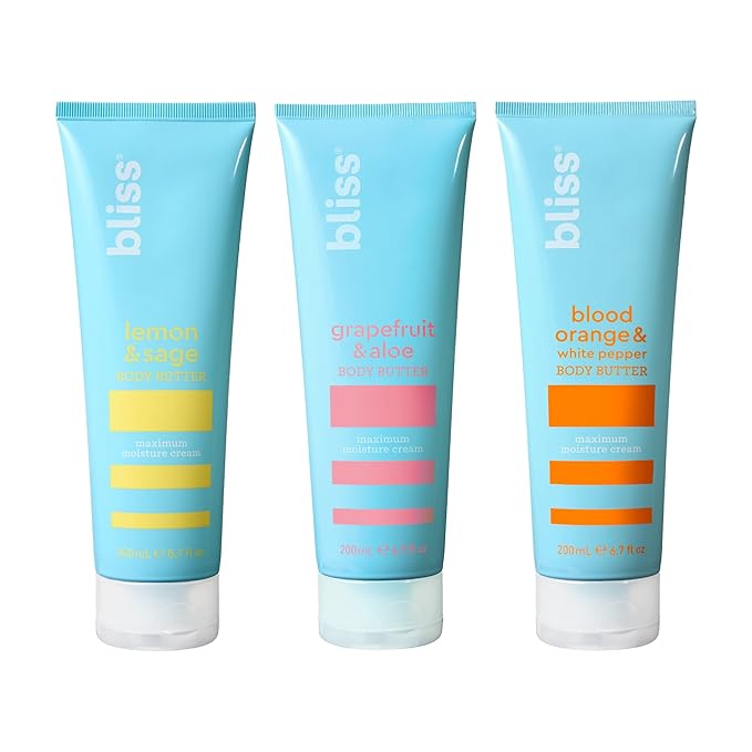 Bliss Body Butter Lotion Trio: Lemon & Sage, Grapefruit & Aloe, Blood Orange & White Pepper. Moisturizing, vegan, cruelty-free body lotion for dry skin. Great for women & men. 6.7 Fl Oz, 3-pack