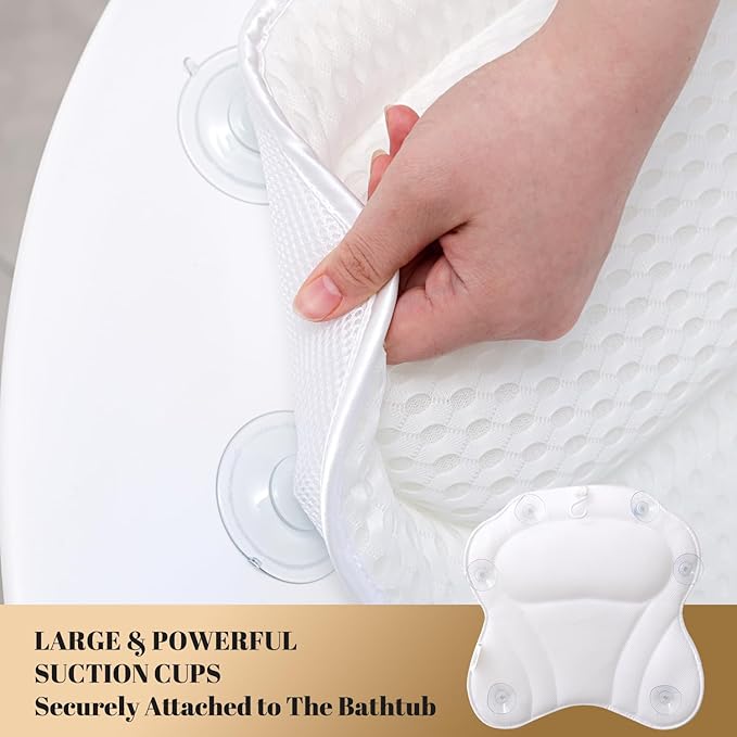 Bath Pillow Luxury Bathtub Pillow, 4D Bath Tub Pillows for Head, Neck and Back Support, Tub Pillow for Bathtub with 6 Non-Slip Suction Cups, Relaxing Bath Accessories Spa Gifts