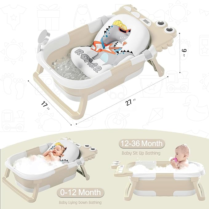 TPN Collapsible Baby Bathtub, Baby Bath Tub with Soft Cushion & Real-Time Thermometer, Baby Bathtub Infant to Toddler Tub (0-36 Months), Portable Travel Baby Tubs for Newborns (Beige)