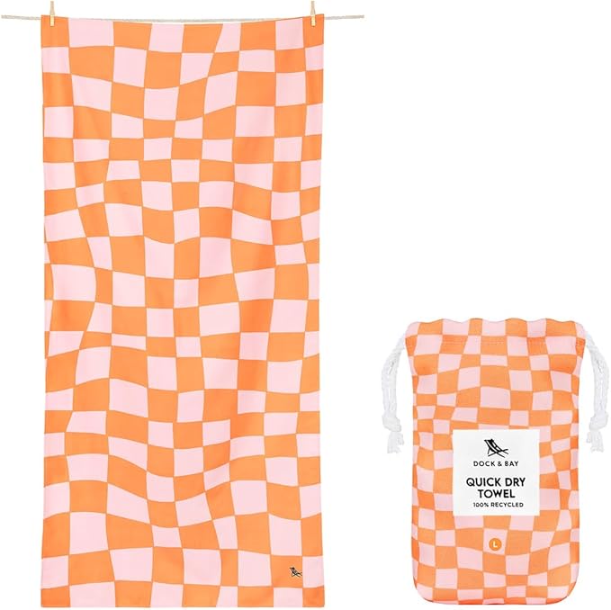 Dock & Bay Beach Towel - Quick Dry, Sand Free - Compact, Lightweight - 100% Recycled - Includes Bag - Groovy Check - Large (160x90cm, 63x35)